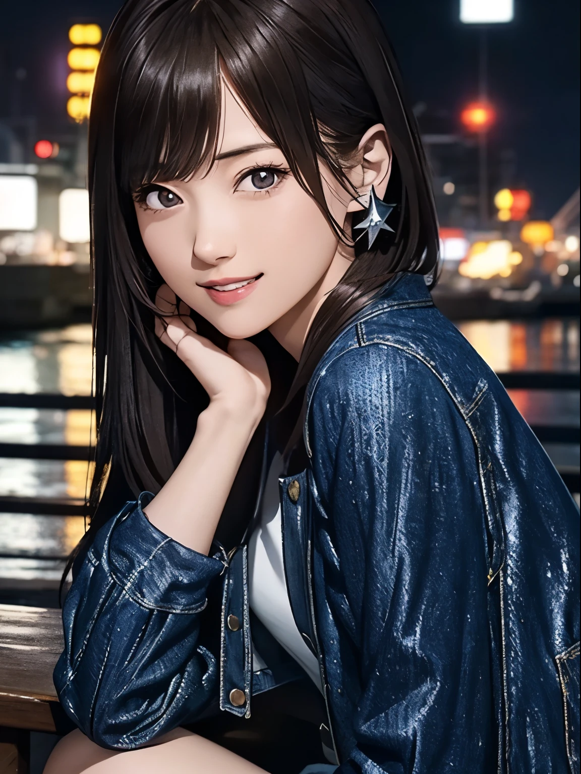 High resolution, 8k, Highest quality, detailed, Semi-realistic anime, Anime 3D Style, Smooth anime CG, One Girl, A 20-year-old Japanese woman, slim, Modeled, Shiny brown hair, detailedな顔, Beautiful and detailed, Glowing Skin, Hard Focus、Film Grain, Soft lighting, Looking at the audience, Laughter, (A woman wearing a casual jacket and jeans), Port town at night、City lights reflected in the sea and anchored ships