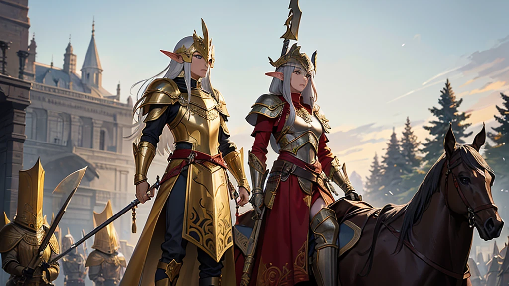 Tall warrior in grey armor, gold plated jewelry, red cloak, closed cuirassier helmet, large shield in left hand, spear in his right hand, burning forest in the background. anime, elf, huge army in the background