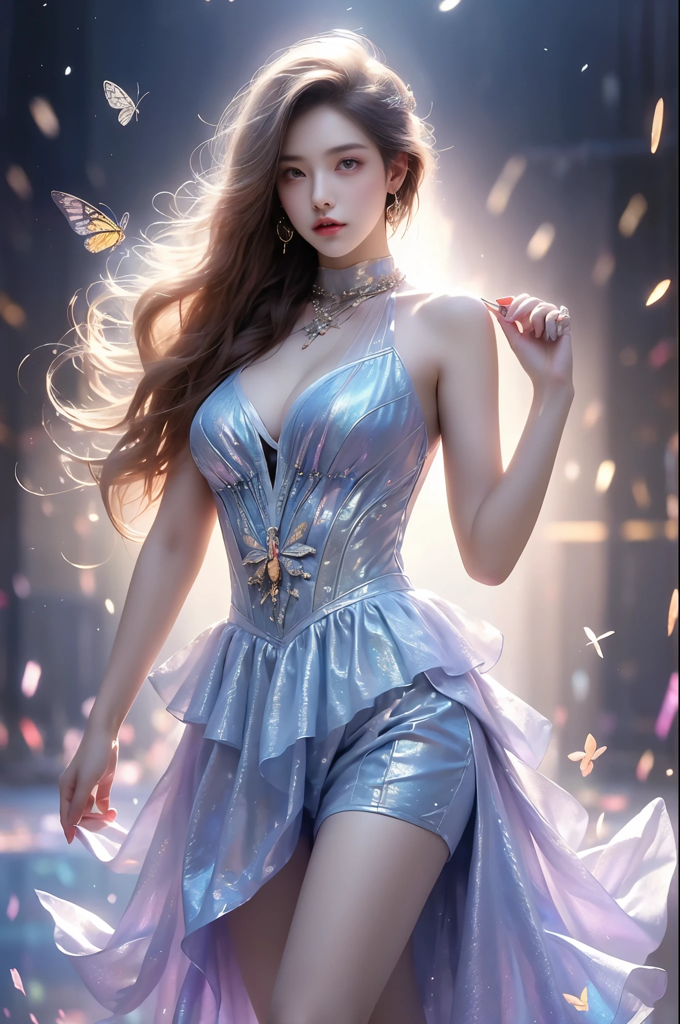 Beautiful dance, She gently lifted her skirt with one hand, Long legs , In the swimming pool, ((Flowing long hair))Official Art , Unity8k Wallpaper , Extremely detailed , Visible cleavage, Pretty and beautiful , 性感Long legs, masterpiece , best quality ,Practical, Very detailed illustrations ,Extremely detailed , Intricate details , Extremely complex and detailed , Very detailed 8KCG wallpaper , Caustics .reflection , Ray Tracing , Devil theme ,nebula ,Dark aura, Network Effects , (1 girl)solitary , 小蓝Butterfly , There are dozens of monarch butterflies around , (Blue plasma flame , (insect , Butterfly)) Pastel tones in Rococo style ,Light white and light dark red , Incredibly beautiful , Cherry blossoms , Surrealism ,painting , Ethereal , Mixing reality and fantasy elements ,Ray Tracing , Complex Mode , Exquisite lines , Perfect your hands, Starry Sky , rich and colorful , Star