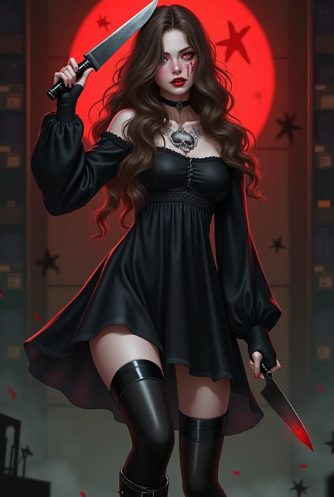 ((best quality: 0.8)), ((masterpiece)), (detailed), 1girl, Beautiful face, long, brown, wavy hair, short black dress with long sleeves, black and gray striped socks, black boots, red eyes beautiful, fair skin, skull tattoo, beautiful smile.knife in hand,(glowing eyes:1.4), (Blood face) horror, creeppypastas, blood moon background