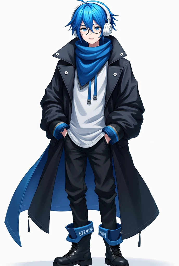 Black coat wearing,blue hair,round circle glasses,blue eye,white tshirt,blue maflar,blue small cloak,white big headphones,black shoes,black pants
