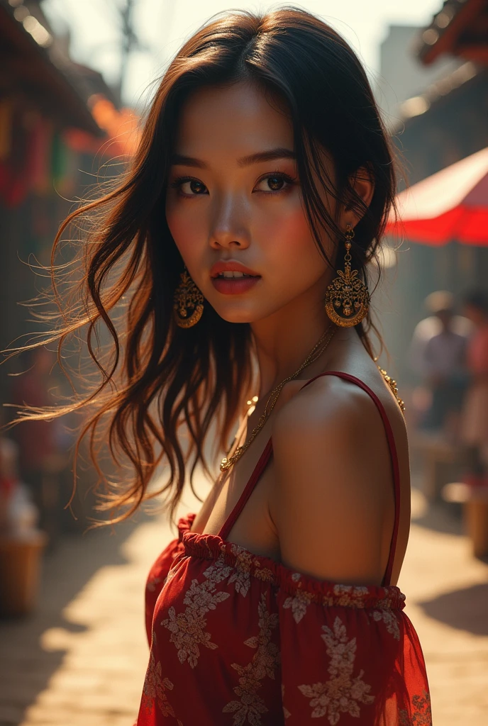 beautiful girl , Thai woman, walking at thai measure, dynamic poses, Thai dress, long hair,black eyes, morning sun, Eyes on the viewer, ((face details)), Double eyelids, finished, realistic, Masterpiece, Highest quality, lens flare, shade, old measure, measure, [[Chromatic aberration]], By Jeremy Lipking, By Antonio J.. Manzanedo, Digital Painting, HDR, high contrast