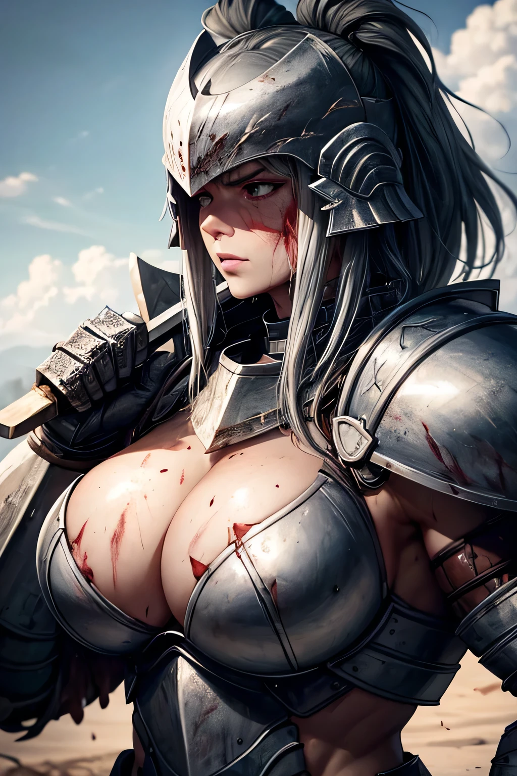 A muscular female heavy-armored warrior in scratched and blood-splattered plate armor, full helmet covered in dirt, wielding a massive axe, sweat dripping, intense gaze