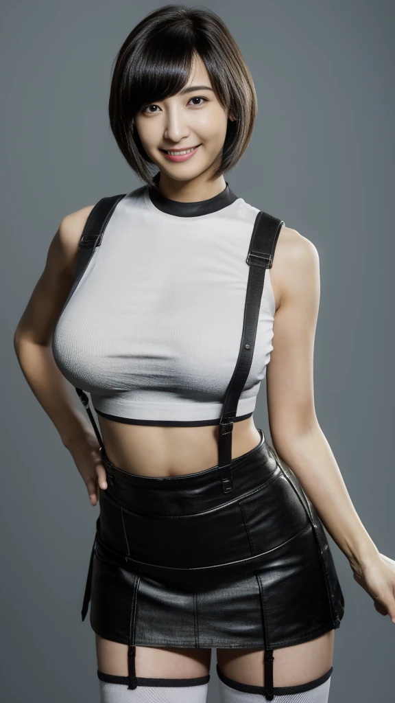 (Highest quality:1.2,8k resolution:1.2),Beautiful mature woman,Characteristic curves,Standing,(white tight midriff lame open-chest sleeveless shirt,super cleavage,extreme super short pencil skirt,suspender,black thighhigh socks),navel,curvy hip,Soft Light,slender body,(huge breast:1.3)

masterpiece,ultra-detailed,best quality, absurderes:2.0,realistic, Unity 8K Wallpaper, Realistic face, Realistic skin feeling ,detailed hair, highly detailed, Perfect face, charming face, 

1girl, solo,fighting pose,grin,cowboy shot,black bobcut hair