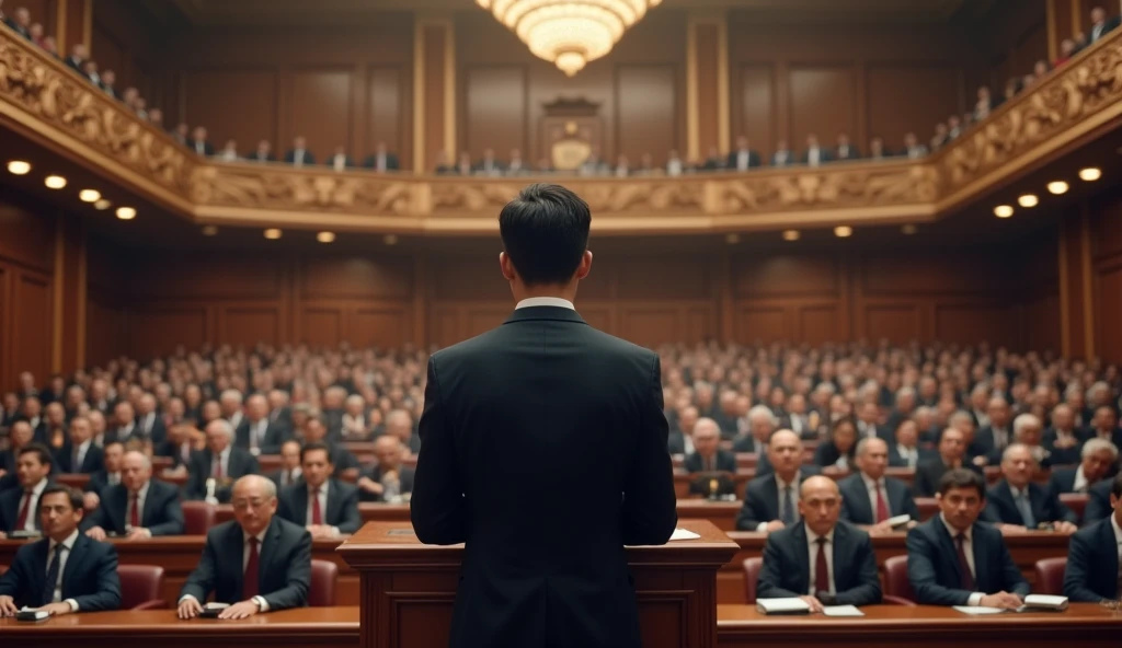 A young Asian man in a suit is speaking to politicians from various countries sitting in their seats in a huge lecture hall.，Politicians from all over the world are looking at men，No flags appear