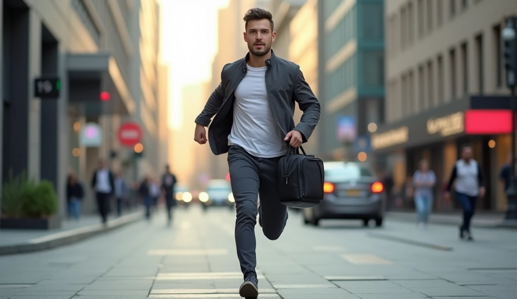 A 24 year boy running for investment with hand laptop bag