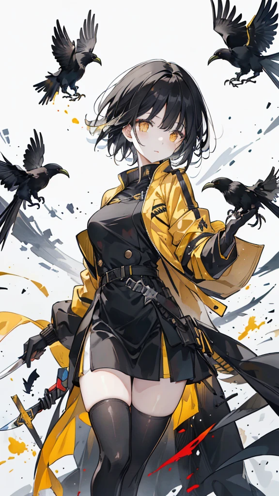 short black hair，Yellow pupils，Black military uniform and yellow windbreaker，Black long knife，crow flying in the air，black stockings，Wearing a black glove on the left hand，silvery white flame