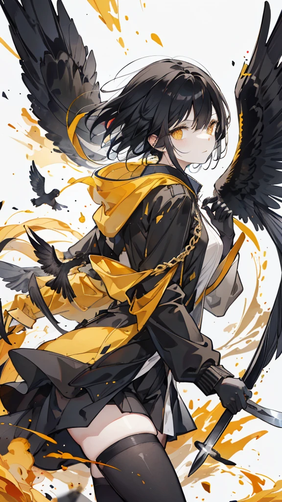 short black hair，Yellow pupils，Black military uniform and yellow windbreaker，Black long knife，crow flying in the air，black stockings，Wearing a black glove on the left hand，silvery white flame