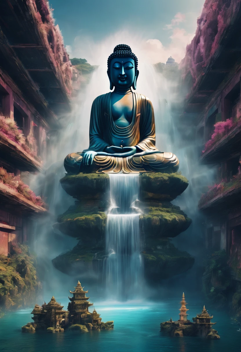 Waterfall, Ruined Buddha Statue, ((parallax: 1.4)), summoning, distortion, veil, sacrifice, gear, (fortress: 1.2), archive, heart, spin, glitch, ((abstract: 1.4)), in the style of Salvador Dali, forelimbs, dance, gaseous state, merge, nostalgia, pool of water, purgatory, (ruined city), detailed background, landscape, encryption, vividness, will, (react: 1.2), Buddha Statue Ethereal Astral Odyssey, Epic cinematic, 