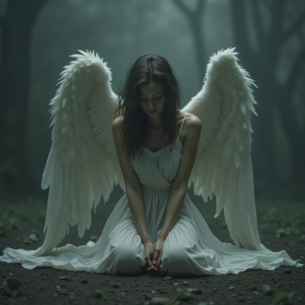 create a hyper realistic image of fallen angel, depression, regret, dark theme, serene expression, kneeling, highly detailed, high_resolution, sharp focus, long_shot