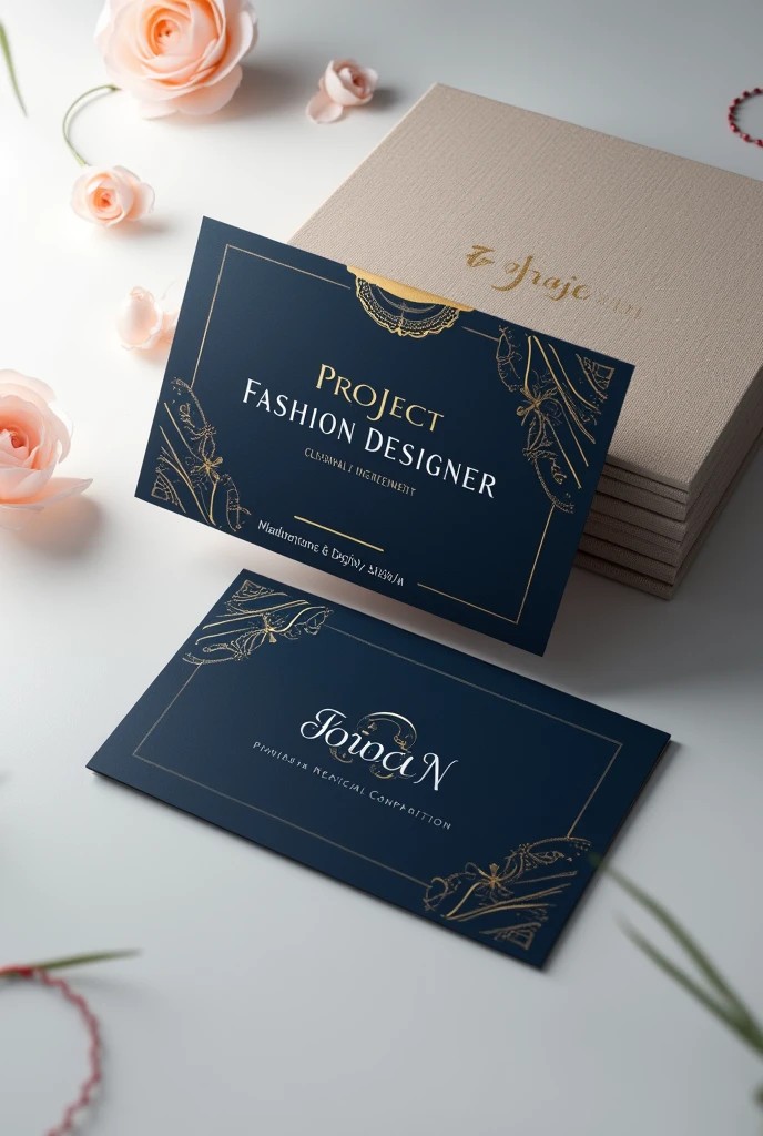 A classy and trendy background with the company name "Project Fashion Designer" in dark blue with gold details. The top of the business card is blank with a larger area at the bottom. has a classy design with a delicate illustration of a fashion sketch.