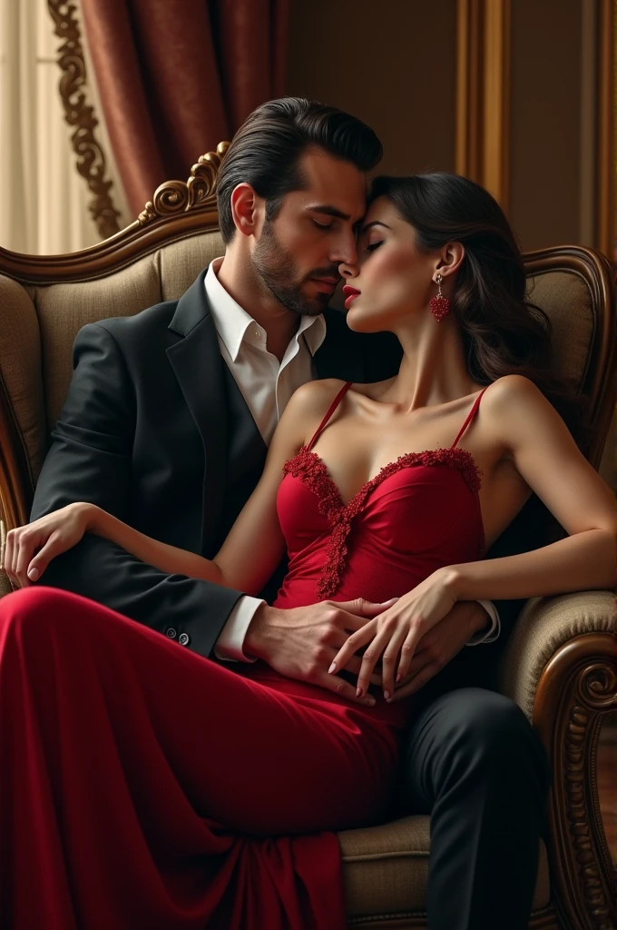 A rich man sitting in a sofa and a beautiful woman sitting on his lap, dressed elegantly, the man holding the woman's neck passionately.