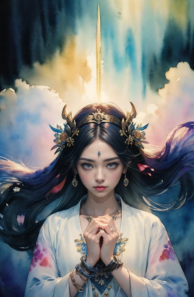 (Tabletop, Highest qualityの, Highest quality, Official Art, (beautifully、aesthetic:1.4), (Watercolor:1.4) ), (Izanami 1.5), 日本のgod話の女god, Majestic beauty, 創造の女god、生命の女god、Typically、((((Typically))))、Reincarnation Support, god'Grace, Gentle and meditative expressions, Flowing, celestial garments, Shine、Created all the landscapes and worlds on Earth, A dazzling dance of light, Whispers of Ancient Legends