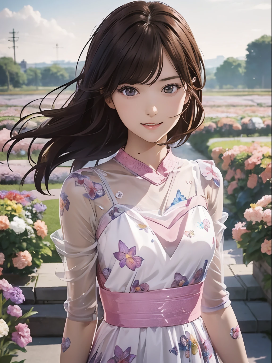 High resolution, 8k, Highest quality, detailed, Semi-realistic anime, Anime 3D Style, Smooth anime CG, One Girl, A 20-year-old Japanese woman, slim, Modeled, Shiny brown hair, detailedな顔, Beautiful and detailed, Glowing Skin, Hard Focus、Film Grain, Soft lighting, Looking at the audience, Laughter, (Floral pattern dress、A light dress fluttering in the wind), Colorful flowers々A vast flower field in full bloom