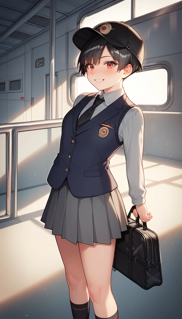 score_9, score_8_up, score_7_up, source_anime, best quality, amazing quality, absurdres, very aesthetic, 1girl, red eyes, wariza, short hair, pixie cut with layers, black hair, portrait, starshadowmagician, solo, 1 girl, best perfect anatomy, thin, curvy body, flat breasts, close up shot on person, a girl showing happy, smile, blush, super high angle from below, looking at viewer, Hide your arms behind your back, standing pose, high school, black baseball cap, uniform, blazer, sweater vest, black necktie, gray skirt, black long socks, Wearing a school hand bag, dynamic angle. perfect dynamic composition, foreshortening, night days, volumetric lighting, Detailed background, Cinematic lighting, Sunlight, Waiting train, train station, Stand on the platform,