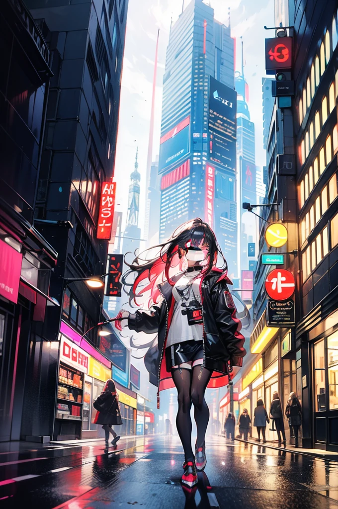The background is a bustling, neon-lit city street with floating advertisements and distant skyscrapers, providing a vibrant, sci-fi ambiance. The lighting highlights the reflective surfaces of her clothing and the glow of her accessories, creating a visually striking and immersive scene.