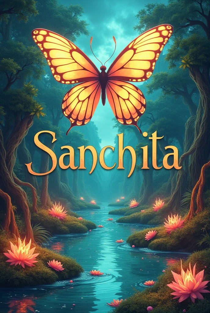 Disgn a name ( sanchita) with butiful watery and flowers in an imaginary world with scary fires and giant butterfly
