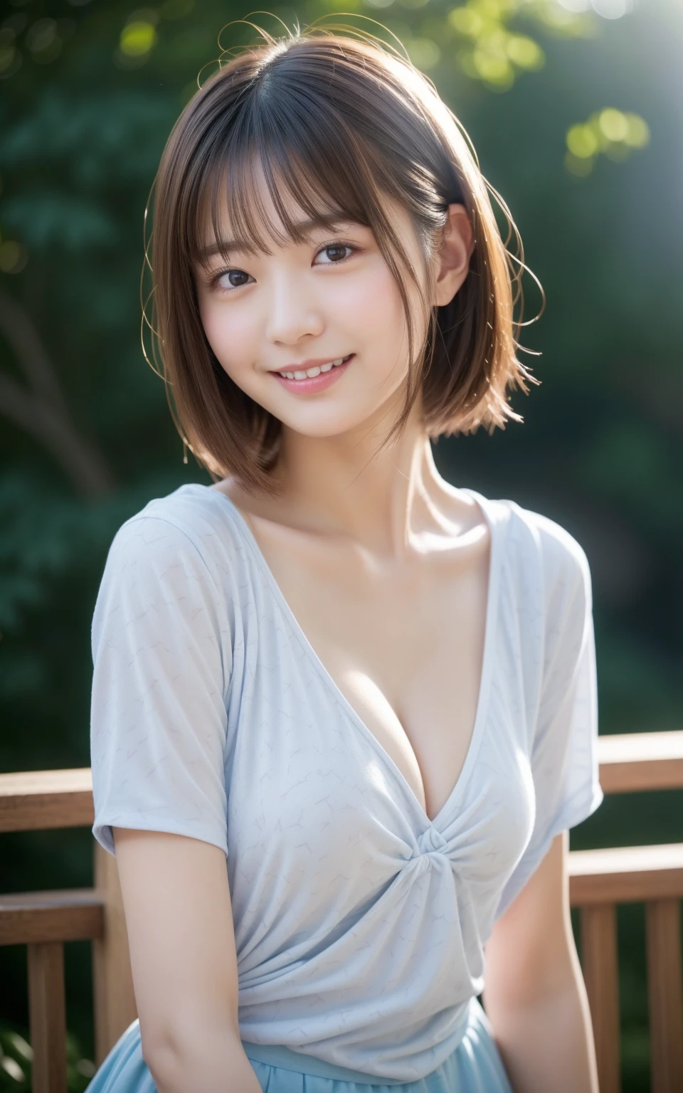 （8k、live-action、Raw photo、Highest quality、masterpiece：1.2),(Outdoor),((Perfect lighting)),(濡れたhair),Watching the audience,Pose for the camera, smile,1,student,White skin,knees,Small Face,前hairを真ん中から分けます、The forehead is visible,skinny,skinny)、masterpiece,Highest quality、超A high resolution,One person, solo,Close-up shot、cute、Back to Students,(Patterned T-shirt:1.3),High school ,Japanese women,（フォトReal：1.37）、Photon Mapping,Realistic、cuteSmall Face,Brown eyes、prospect、Depth of written boundary、Blurred Background、Real,(前hairが見える), hair, kneesが見える, thigh,(Nogizaka Idol), actress、Big and ample breasts、Cleavage、Super fine、Low people、(Skin with visible pores:1.2)、(Focus on the face)、Natural neck、Check and correct the skeleton