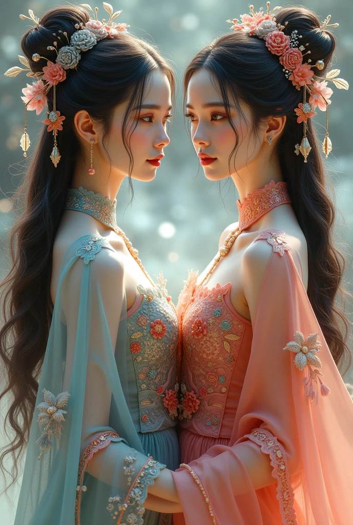 Twin woman, (((pink and blue dress))), flowers, jewelry, long sleeves, wide sleeves, chinese clothes, hanfu, embroidery, long skirt, long flowing hair, detailed face, detailed beautiful eyes, (intricate:1.3), (arcane aura:1.2), (dreamlike:1.3), (subtle mist:1.1),(vibrant colors:1.2), (detailed hair:1.3), (ultra realistic details:1.5),