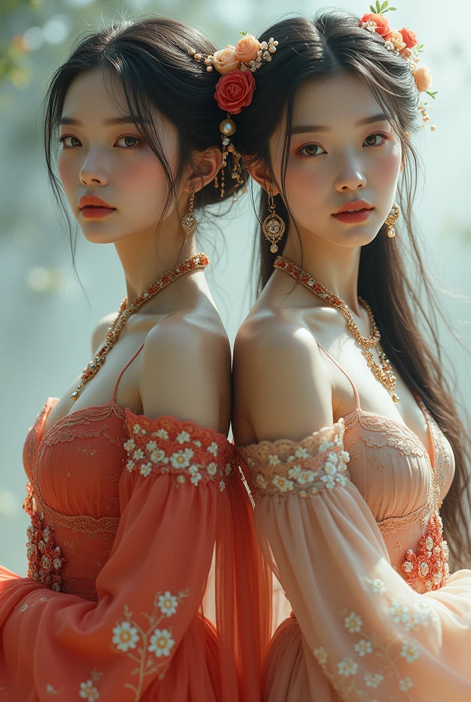 Twin woman, (((pink and blue dress))), flowers, jewelry, long sleeves, wide sleeves, chinese clothes, hanfu, embroidery, long skirt, long flowing hair, detailed face, detailed beautiful eyes, (intricate:1.3), (arcane aura:1.2), (dreamlike:1.3), (subtle mist:1.1),(vibrant colors:1.2), (detailed hair:1.3), (ultra realistic details:1.5),