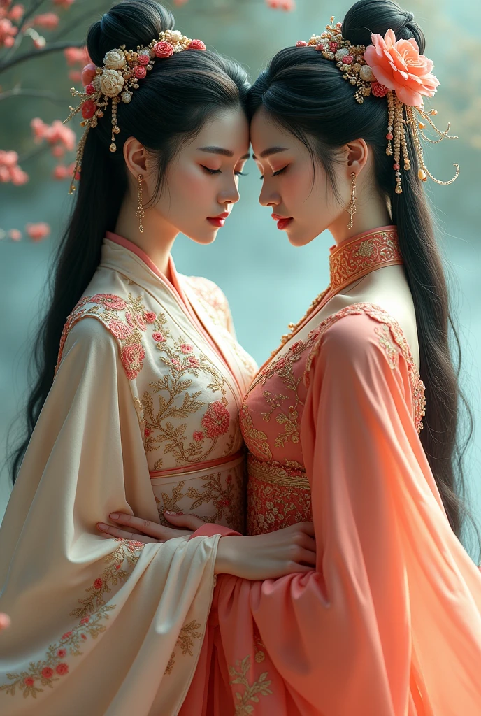 Twin woman, (((pink and blue dress))), flowers, jewelry, long sleeves, wide sleeves, chinese clothes, hanfu, embroidery, long skirt, long flowing hair, detailed face, detailed beautiful eyes, (intricate:1.3), (arcane aura:1.2), (dreamlike:1.3), (subtle mist:1.1),(vibrant colors:1.2), (detailed hair:1.3), (ultra realistic details:1.5),