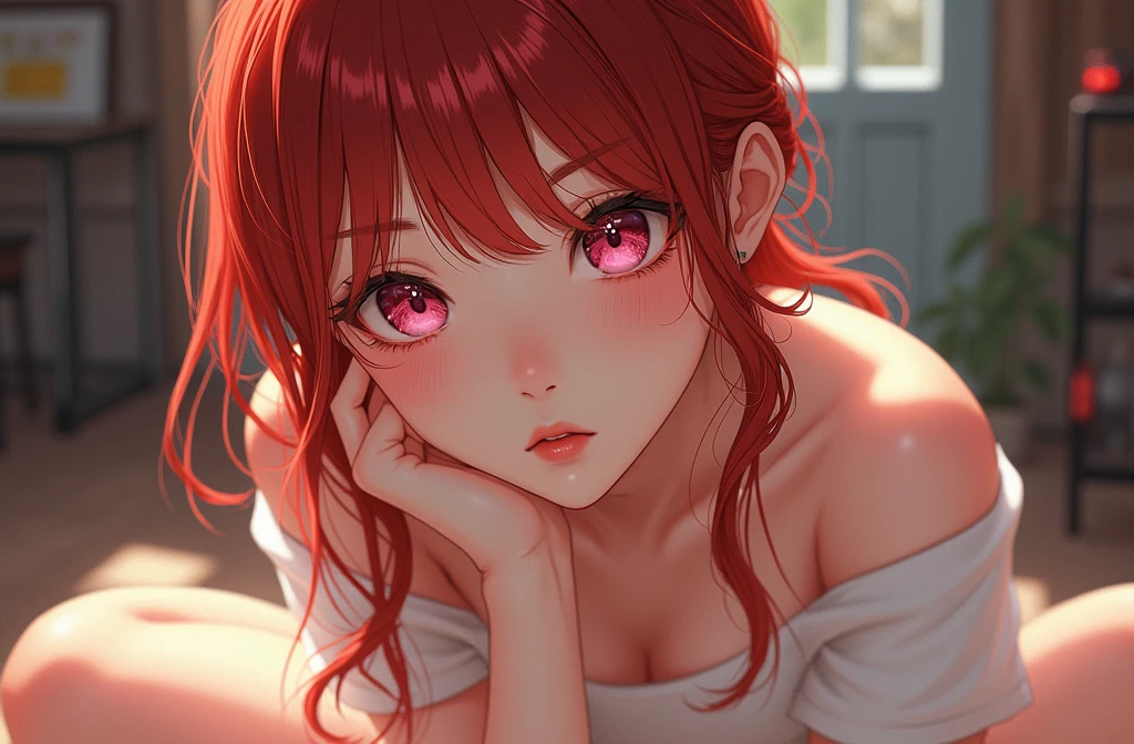 ((best quality)), ((masterpiece)), (detailed), perfect face, red hair, lingerie, tired, sleepy