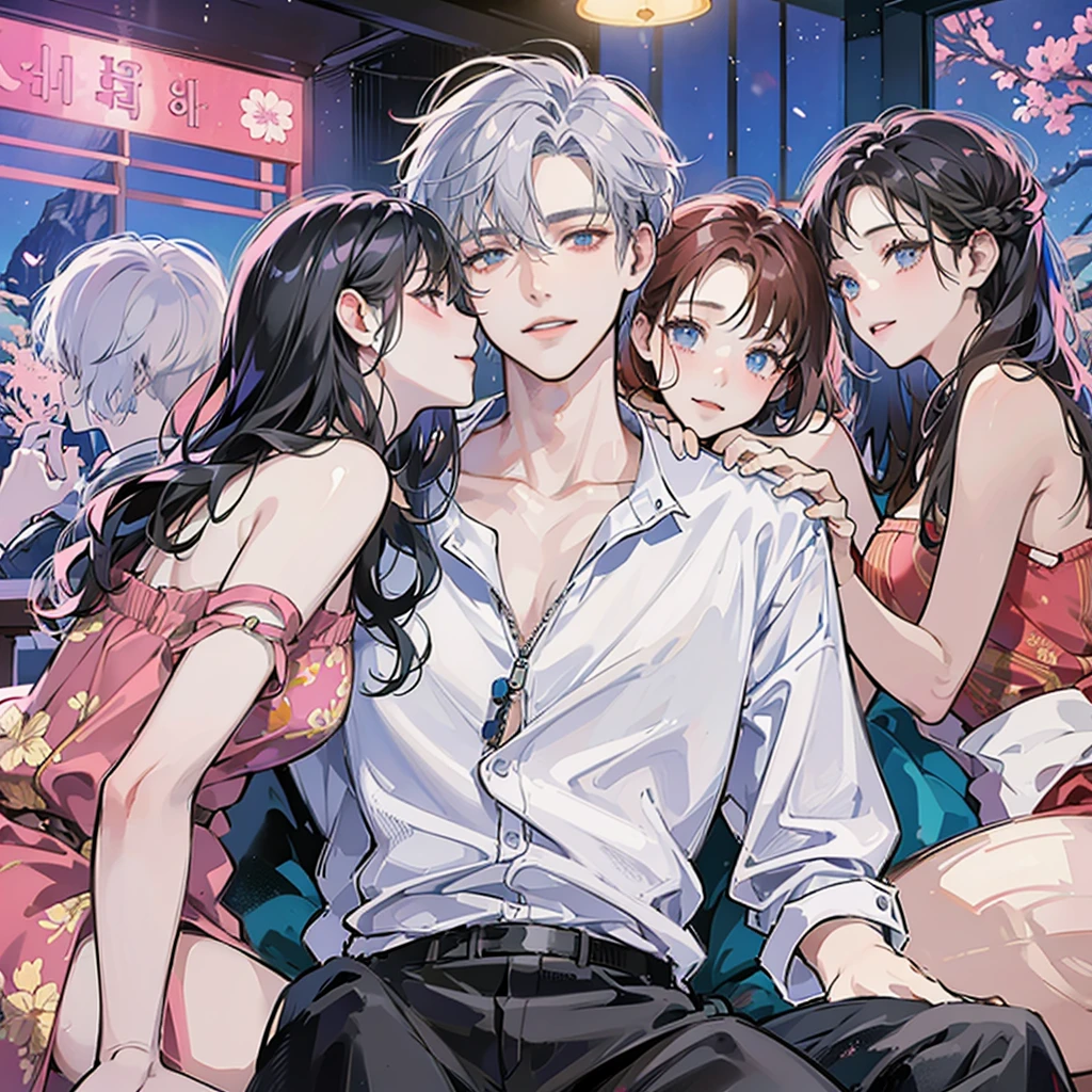 A man wears a white shirtI have short red hair.
About twenty-five years old, with short silver hair and a crazy feeling, sitting on a KTV sofa under colorful lights, with two beautiful girls sitting beside him, holding two girls, and three beautiful girls standing behind him, smiling.,
bright colors,
The drawing style is clean, the best image quality, high detail, ultra-high resolution, 8K resolution.,
Korean style manga, illustration style, two yuan, detailed lines, Chiaroscuro 00001