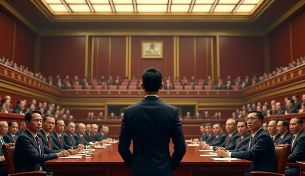 A young Asian man in a suit is speaking to politicians from various countries sitting in their seats in a huge lecture hall.，Politicians from all over the world are looking at men，No flags appear