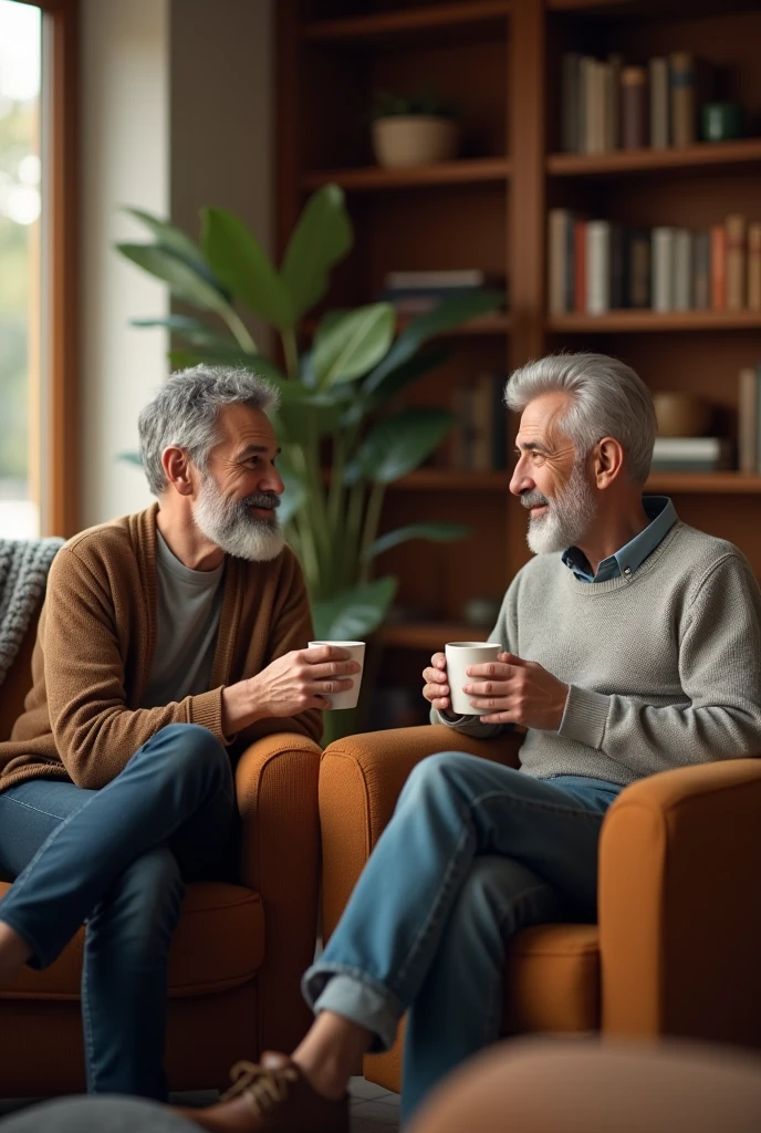 2 different guys drinking coffee at home sitting on chairs