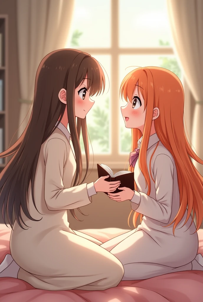 Two anime style softy friends looking at each other one of the girls has long orange hair and the other girl has long brown hair, The brown-haired girl hands him a book