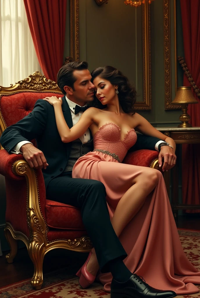 A rich man sitting in a sofa and a beautiful woman sitting on his lap, dressed elegantly and not showing too much skin, the man holding the woman's neck passionately.