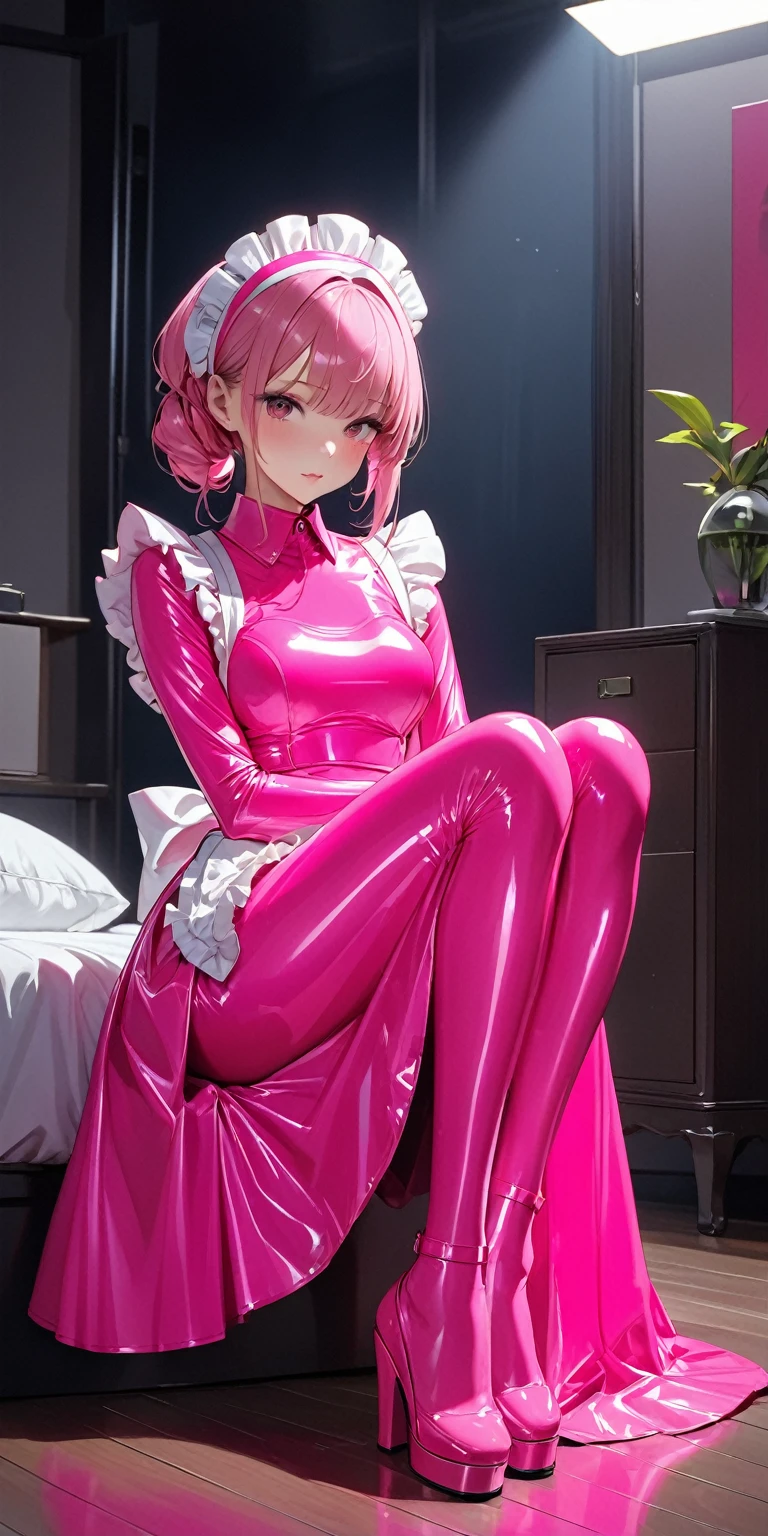Full-body photo、Front facing pose、(masterpiece,Highest quality,Ultra-high resolution),Japanese women, Maid Headband、(((A very beautiful 2))),(Fluorescent pink latex maid outfit)、(Long sleeve)、(((Fluorescent pink latex long skirt)))、Fluorescent pink latex long gloves、Fluorescent pink latex tights、Latex is very shiny、Tight fluorescent pink latex bodysuit、Dark room at night、Sitting on the bed
