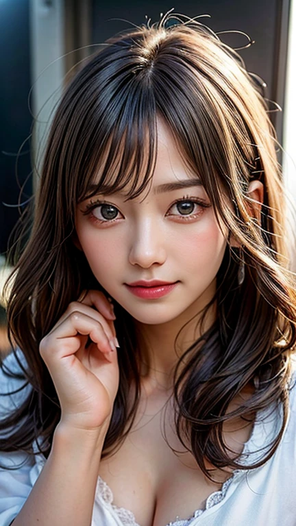 (One person), very cute, Great face and eyes, (Beautiful lovely smile), (Very detailed美しい顔), Bright and shiny lips, (Highest quality:1.4), (Very detailed), (Surreal, Photorealistic:1.37), Beautiful white skin, (Soft and fluffy:1.3), Very detailed CG 統合 8k 壁紙, RAW Photos, Professional photography, Cinema Lighting,