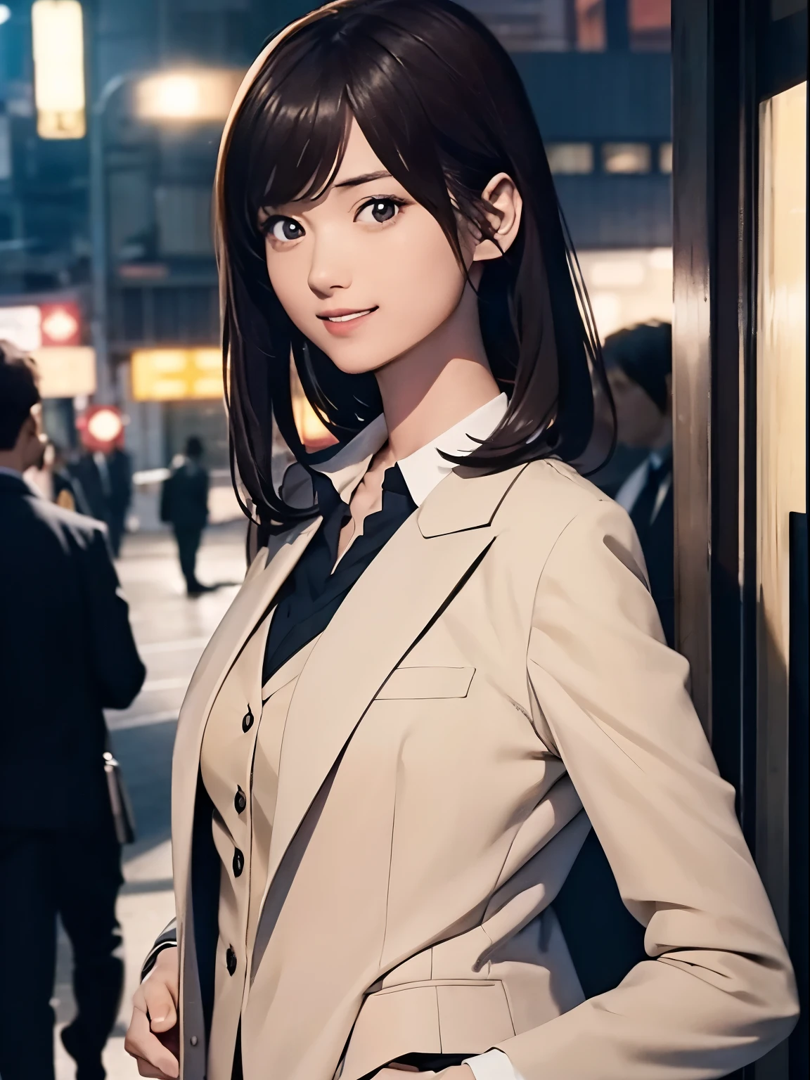 High resolution, 8k, Highest quality, detailed, Semi-realistic anime, Anime 3D Style, Smooth anime CG, One Girl, A 20-year-old Japanese woman, slim, Modeled, Shiny brown hair, detailedな顔, Beautiful and detailed, Glowing Skin, Hard Focus、Film Grain, Soft lighting, Looking at the audience, Laughter, (A woman wearing a formal jacket and pantsuit), A city lined with office buildings、A street where businessmen come and go