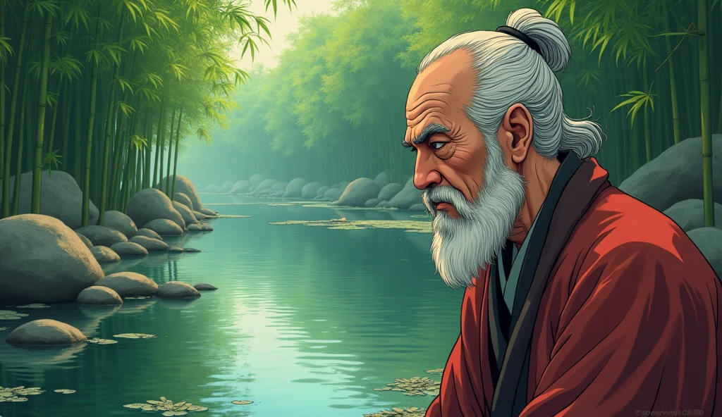 Close-up of Master Koji speaking to Hiro as the ripples in the pond begin to calm down, returning the water to stillness. Hiro listens intently, his expression beginning to soften.
: Show a close-up of an old Zen master speaking to a young man by a pond. The master’s expression is calm and wise, with the ripples in the pond gradually fading. Hiro’s expression is one of growing understanding. The background includes bamboo and still water in comic style
