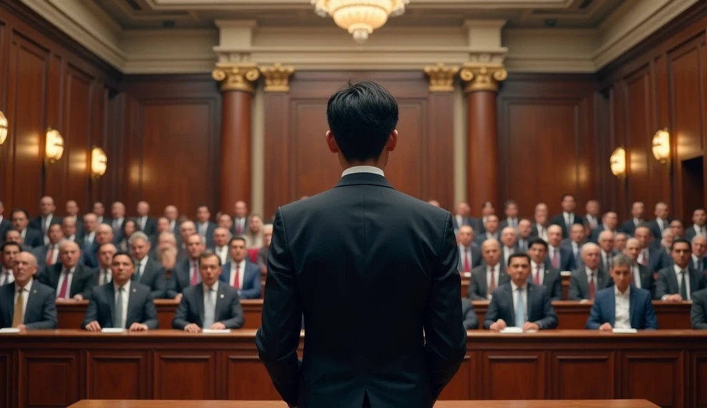 A young Asian man in a suit is speaking to politicians from various countries sitting in their seats in a huge lecture hall.,Politicians from all over the world are looking at men,No flags appear