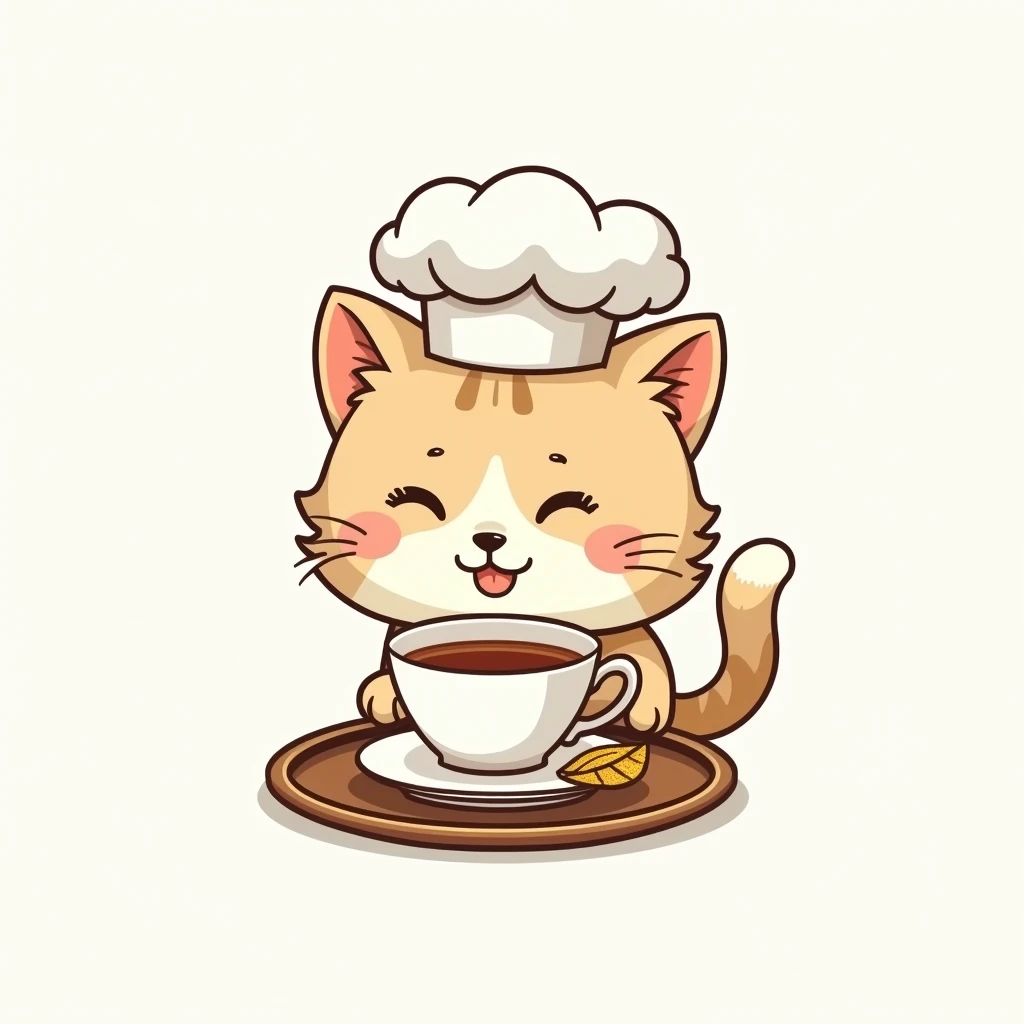 create a logo with the free logo maker, cute persian cat head drinking cup of tea, professional logo design, clean logo design, logo design, logo graphic design, abstract logo, professional logo, logo conceptual design, white background, logo vector art, pink leaf, digital art logo, logo design, 3D logo, gold theme, delicate details golden stroke, Simple logo, gold foil, wearing a white cute chef toque, silhouette, cute thai tea letter under picture