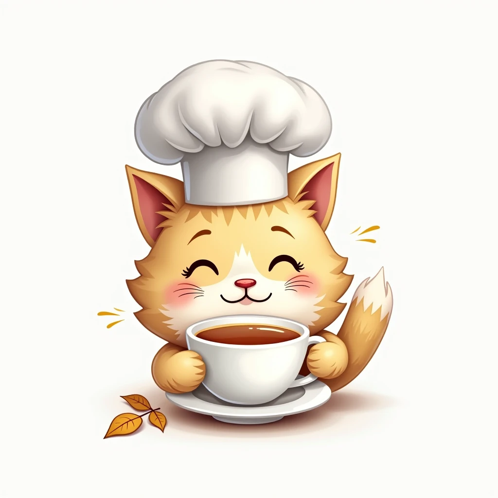 create a logo with the free logo maker, cute persian cat head drinking cup of tea, professional logo design, clean logo design, logo design, logo graphic design, abstract logo, professional logo, logo conceptual design, white background, logo vector art, pink leaf, digital art logo, logo design, 3D logo, gold theme, delicate details golden stroke, Simple logo, gold foil, wearing a white cute chef toque, silhouette, cute thai tea letter under picture