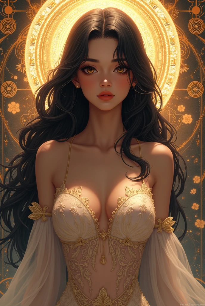 anime-style image, Boris valeggio and Ilya Kuvshinov style, (Heavenly shades, praise, brilliant aura, HANUMAN GOD-woman black hair, large, rather realistic eyes, large breasts, narrow waist, pubis ) One perfect dark skin tone, perfect flawless face, very detailed, complex luminous motifs, beautifully detailed floral organic tracery, geometric, perfect composition, digital painting, art station, conceptual art, smooth, Sharp focus,

