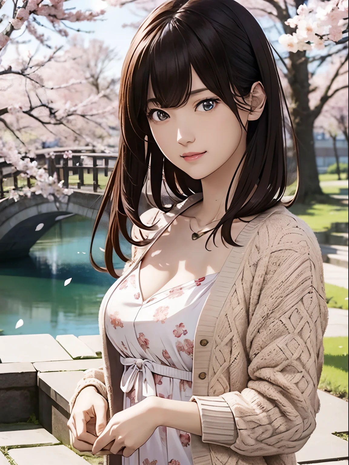 High resolution, 8k, Highest quality, detailed, Semi-realistic anime, Anime 3D Style, Smooth anime CG, One Girl, A 20-year-old Japanese woman, slim, Modeled, Shiny brown hair, detailedな顔, Beautiful and detailed, Glowing Skin, Hard Focus、Film Grain, Soft lighting, (A woman wearing a floral dress and cardigan),A spring park with cherry blossom petals falling、Enjoying a picnic by the pond