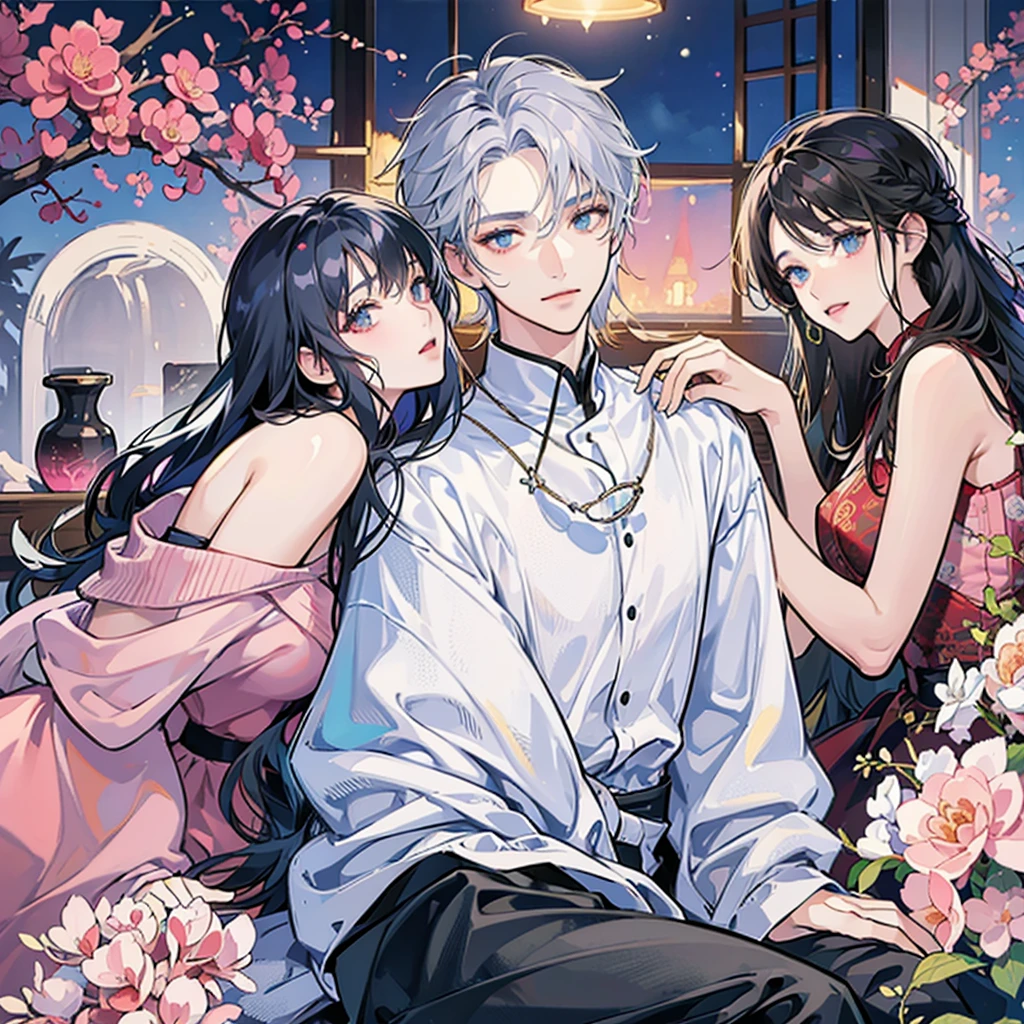 A man wears a white shirtI have short red hair.
About twenty-five years old, with short silver hair and a crazy feeling, sitting on a KTV sofa under colorful lights, with two beautiful girls sitting beside him, holding two girls, and three beautiful girls standing behind him, smiling.,
bright colors,
The drawing style is clean, the best image quality, high detail, ultra-high resolution, 8K resolution.,
Korean style manga, illustration style, two yuan, detailed lines, Chiaroscuro 00001