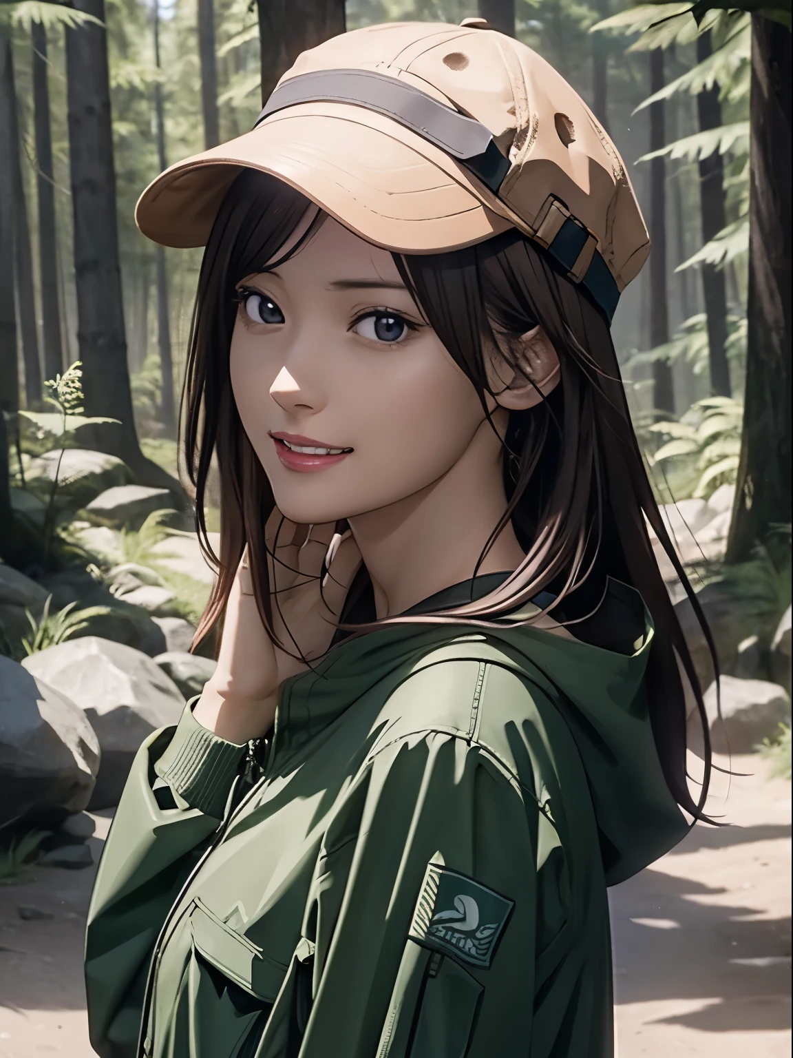 High resolution, 8k, Highest quality, detailed, Semi-realistic anime, Anime 3D Style, Smooth anime CG, One Girl, A 20-year-old Japanese woman, slim, Modeled, Shiny brown hair, detailedな顔, Beautiful and detailed, Glowing Skin, Hard Focus、Film Grain, Soft lighting, Looking at the audience, Laughter, (A woman wearing outdoor clothing and a hat), In the vast forest、A hiking trail bathed in sunlight filtering through the trees