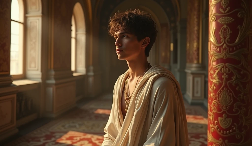 a young greek Shepherd with little masculine body in a wedding background renaissance , cinematic 