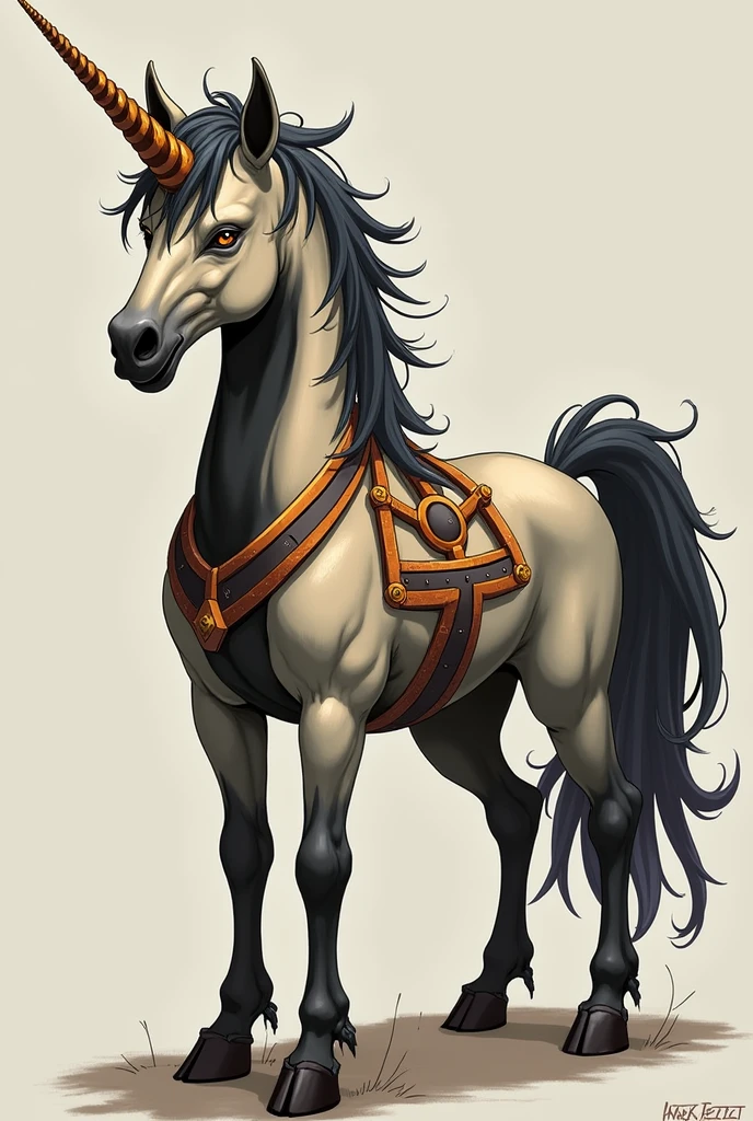 Character inspired by a unicorn with a unicorn body unicorn hair a unicorn tail that is beige mixed with black and gray unicorn arms beige mixed with black and grayish unicorn legs a unicorn horn with an orange ring decorated with gold disappointed is a dangerous fighter side and who is this standing 