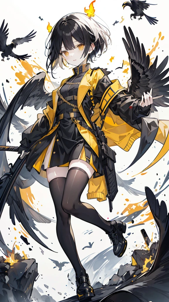 short black hair，Yellow pupils，Black military uniform and yellow windbreaker，Black long knife，crow flying in the air，black stockings，Wearing a black glove on the left hand，silvery white flame