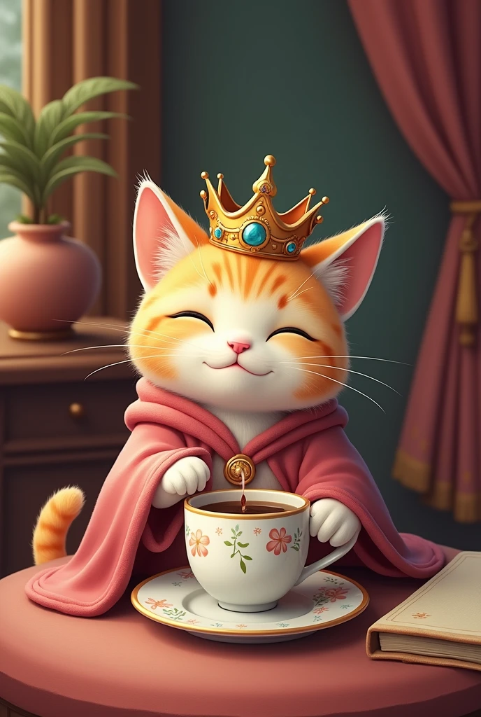 Cat coffee drinking king crowned pink tiny cartoon