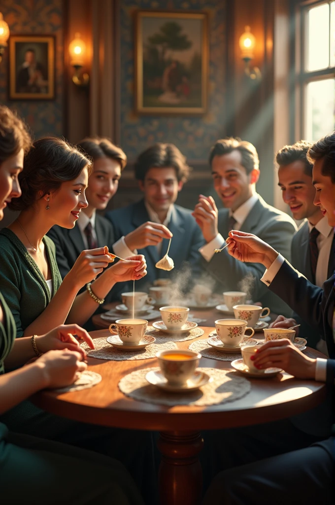 "Customers in a quaint early 20th-century kitchen or tea room, enthusiastically dunking silk tea bags into steaming tea cups."