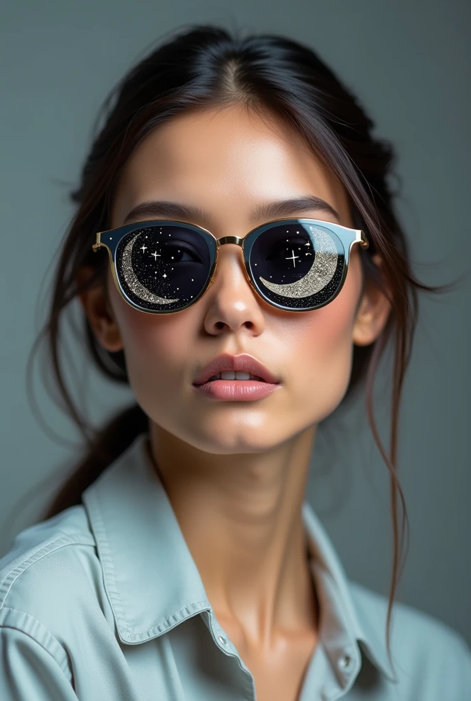 The model is wearing glass sunglasses with stars and the moon on the glass