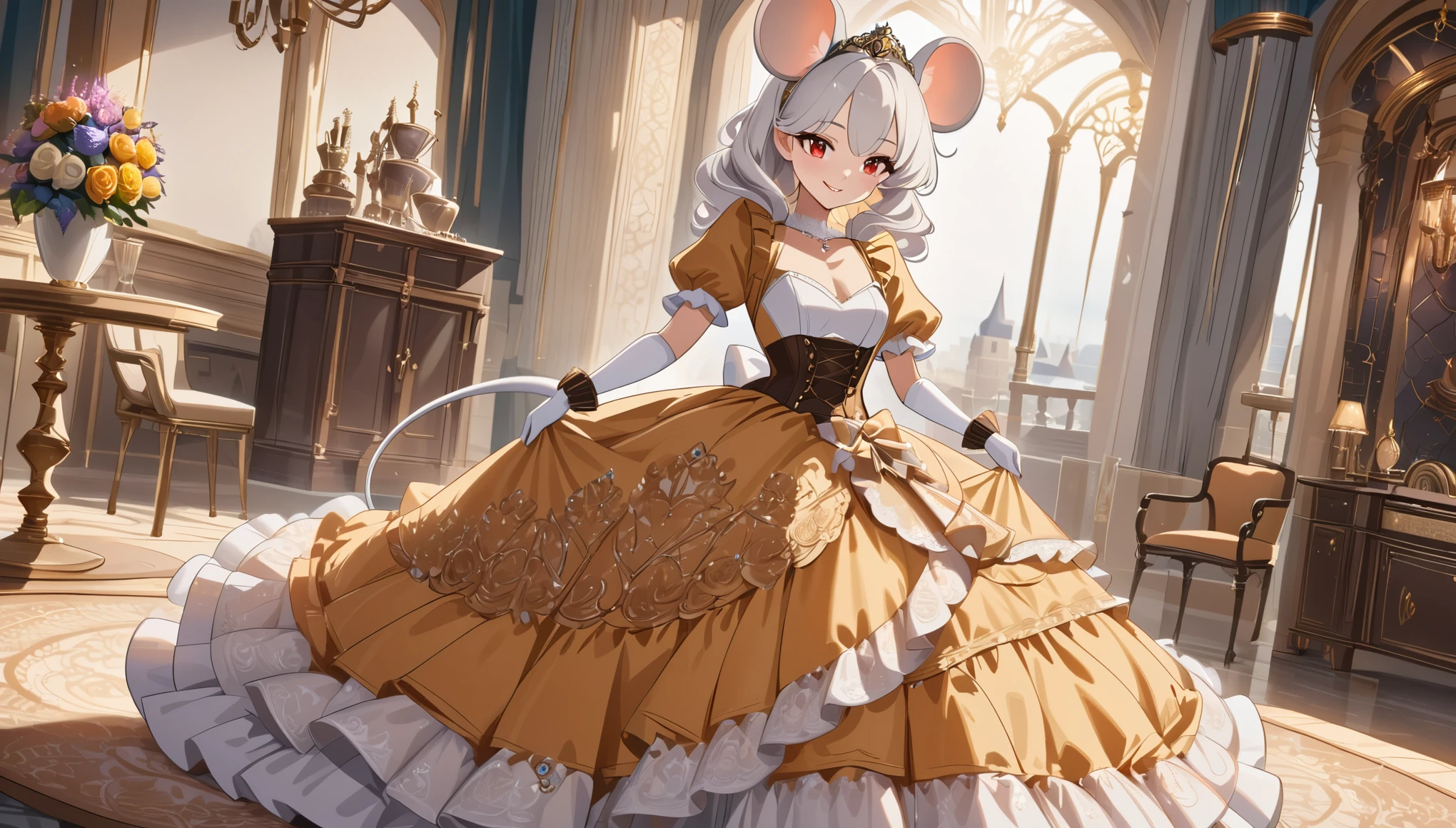 (best quality,4k,8k,highres,masterpiece:1.2), ultra-detailed, Pretty anthropomorphic mouse girl has a princess, drawn in anime style, steampunk, wearing a yellow princess gown with puffy sleeves, steampunk, gorgeous frilly dress design,flowing gown,elaborate lace details,rich textures,contrast stitching,delicate ribbon bows, fish scales pattern accents, flowers embroidery, full skirt,short sleeves,fitted waistline,flared cuffs,lace-up back,luxurious fabrics,flawless silhouette, long curly white hair and red eyes, white fur, smiling, mouse ears and tail, high heels, white elbow evening gloves, gold bracelets, tiara made of seashells, beautifully detailed lips with lipstick, long eyelashes, eyeshadow, seashell necklace, in a castle bedroom with intricate decoration and luxurious furniture, flower wallpaper, she is happily checking her new princess dress.