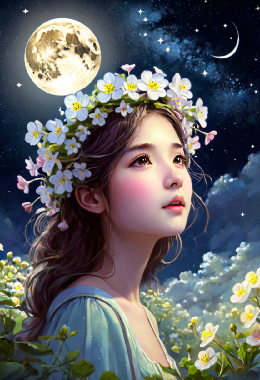 In the moonlight、A girl wearing a crown of evening primroses on her head、Looking up at the night sky。A group of evening primroses surround the girl.、A fantastic space spreads out。An illustration、Dreamy atmosphere